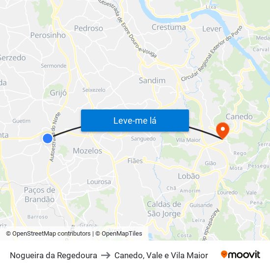 Nogueira da Regedoura to Canedo, Vale e Vila Maior map