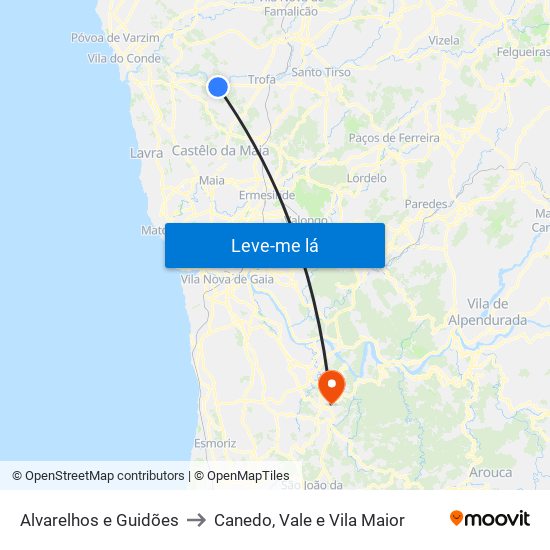 Alvarelhos e Guidões to Canedo, Vale e Vila Maior map