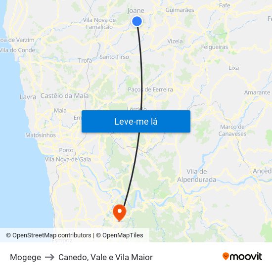 Mogege to Canedo, Vale e Vila Maior map