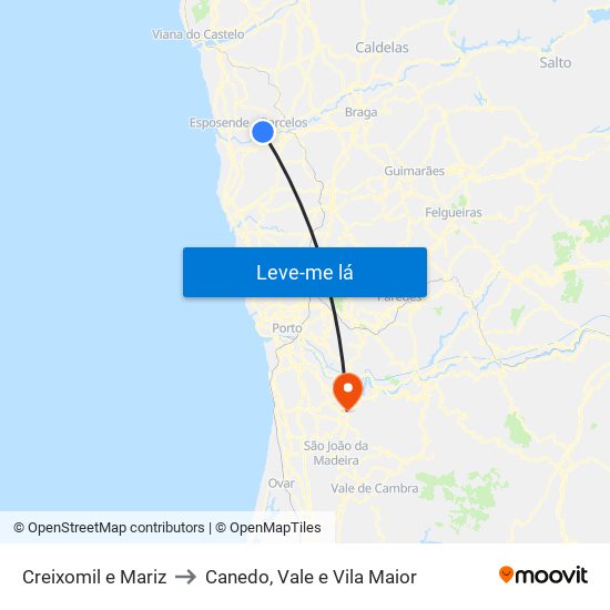 Creixomil e Mariz to Canedo, Vale e Vila Maior map