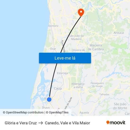 Glória e Vera Cruz to Canedo, Vale e Vila Maior map
