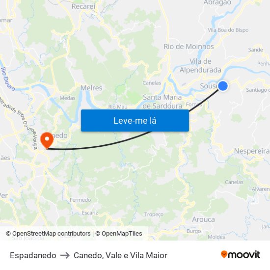 Espadanedo to Canedo, Vale e Vila Maior map