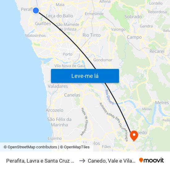 Perafita, Lavra e Santa Cruz do Bispo to Canedo, Vale e Vila Maior map