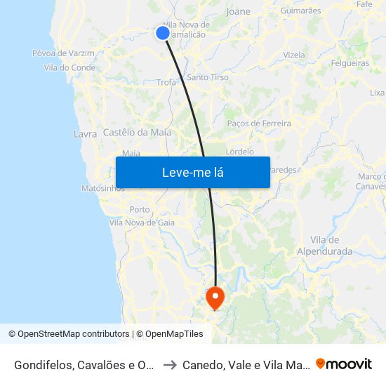 Gondifelos, Cavalões e Outiz to Canedo, Vale e Vila Maior map