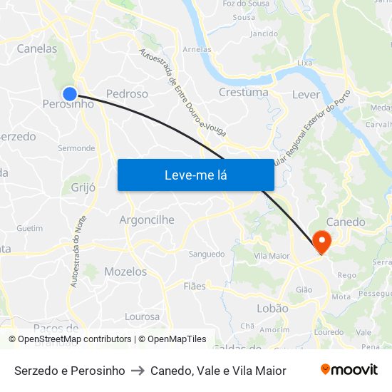 Serzedo e Perosinho to Canedo, Vale e Vila Maior map