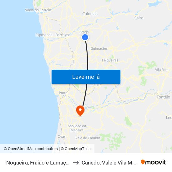 Nogueira, Fraião e Lamaçães to Canedo, Vale e Vila Maior map