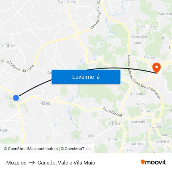 Mozelos to Canedo, Vale e Vila Maior map