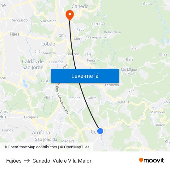 Fajões to Canedo, Vale e Vila Maior map