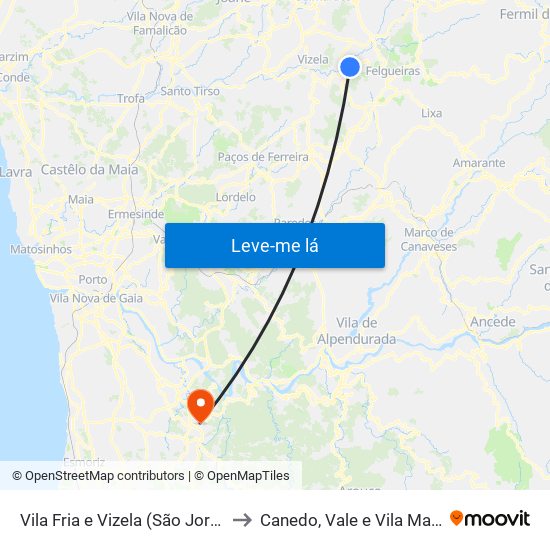 Vila Fria e Vizela (São Jorge) to Canedo, Vale e Vila Maior map