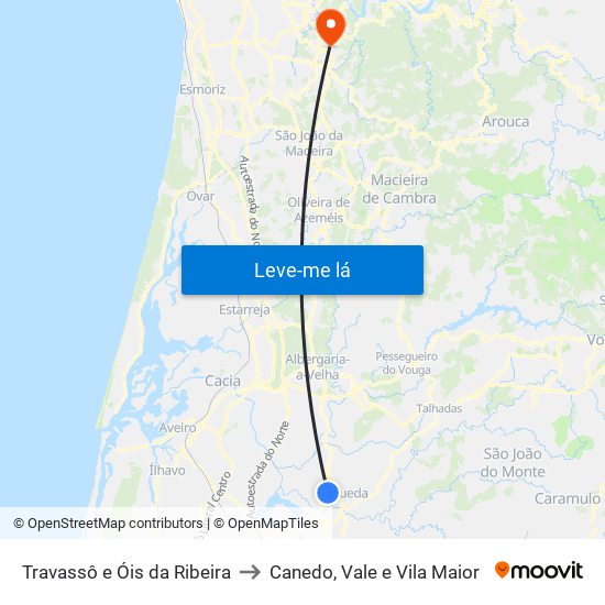 Travassô e Óis da Ribeira to Canedo, Vale e Vila Maior map