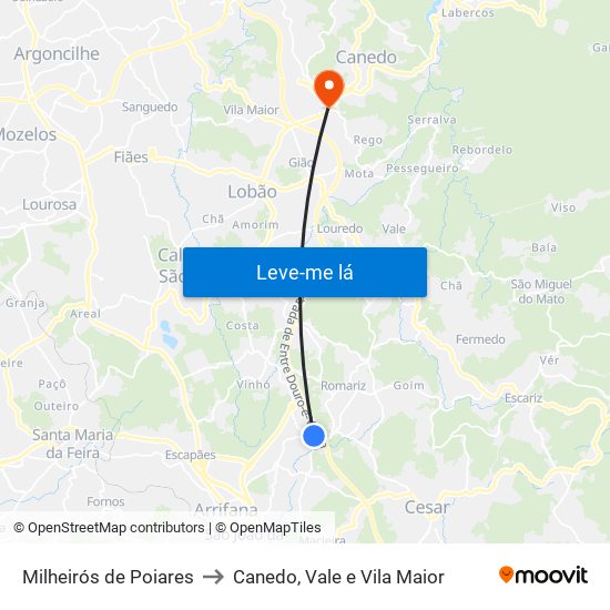 Milheirós de Poiares to Canedo, Vale e Vila Maior map