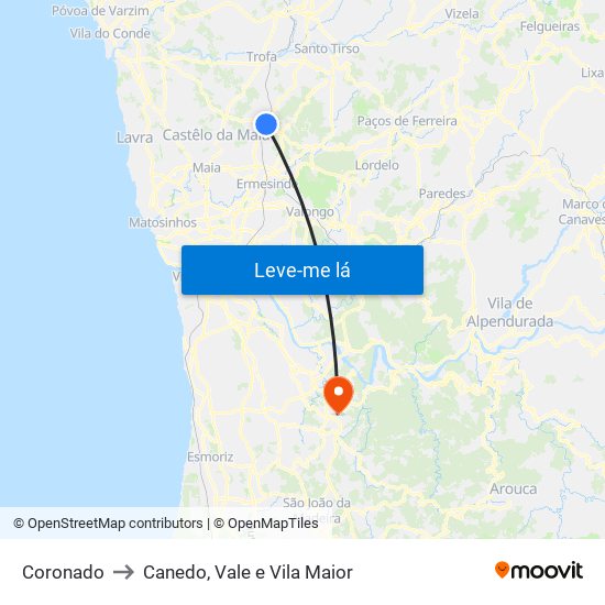 Coronado to Canedo, Vale e Vila Maior map