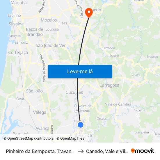 Pinheiro da Bemposta, Travanca e Palmaz to Canedo, Vale e Vila Maior map