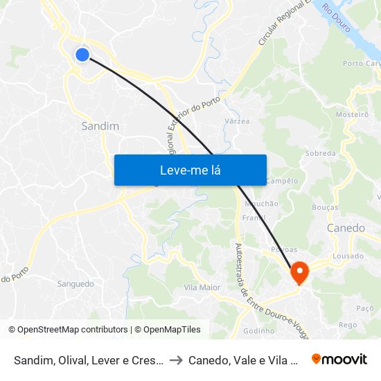 Sandim, Olival, Lever e Crestuma to Canedo, Vale e Vila Maior map