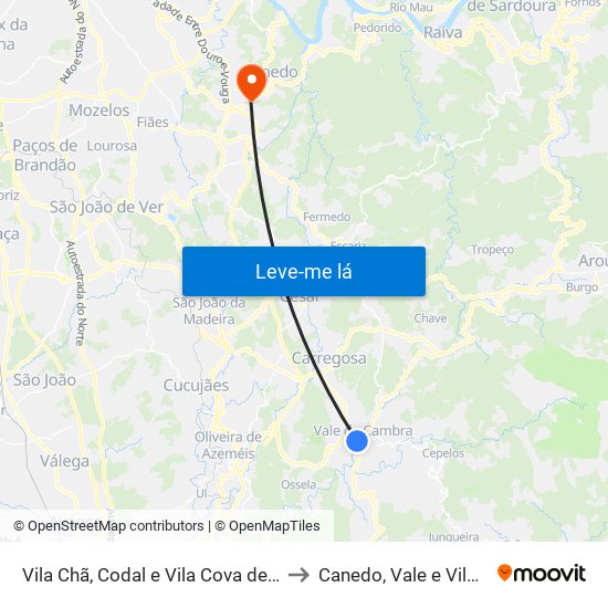 Vila Chã, Codal e Vila Cova de Perrinho to Canedo, Vale e Vila Maior map