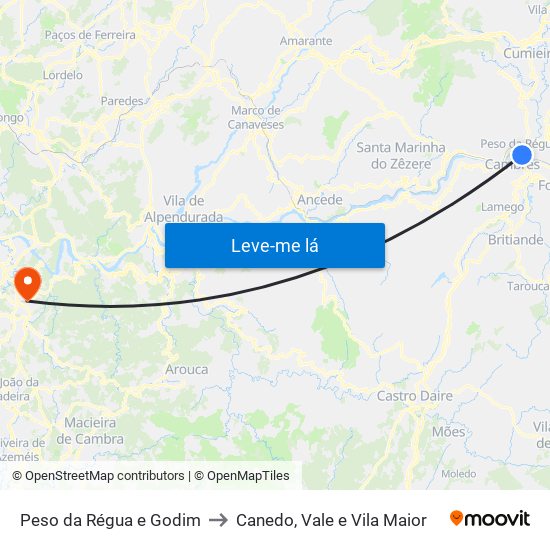 Peso da Régua e Godim to Canedo, Vale e Vila Maior map