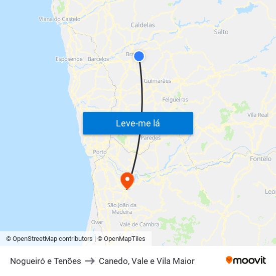 Nogueiró e Tenões to Canedo, Vale e Vila Maior map