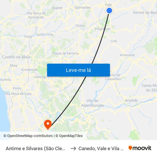 Antime e Silvares (São Clemente) to Canedo, Vale e Vila Maior map