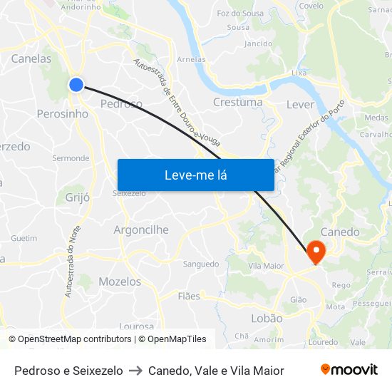 Pedroso e Seixezelo to Canedo, Vale e Vila Maior map