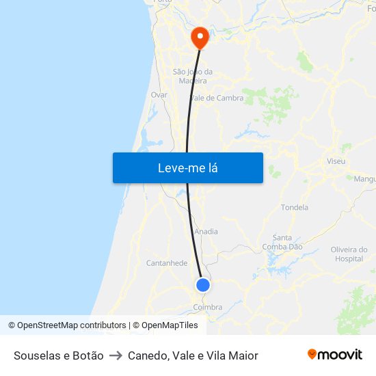 Souselas e Botão to Canedo, Vale e Vila Maior map