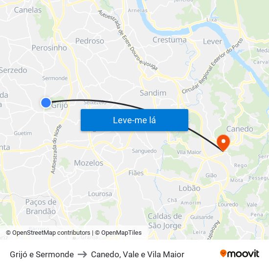 Grijó e Sermonde to Canedo, Vale e Vila Maior map