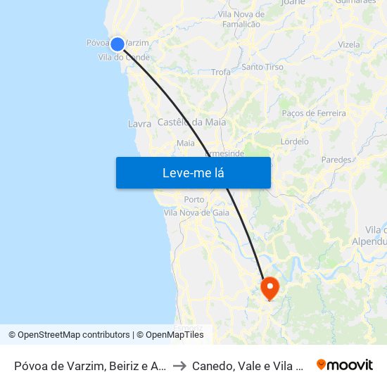 Póvoa de Varzim, Beiriz e Argivai to Canedo, Vale e Vila Maior map