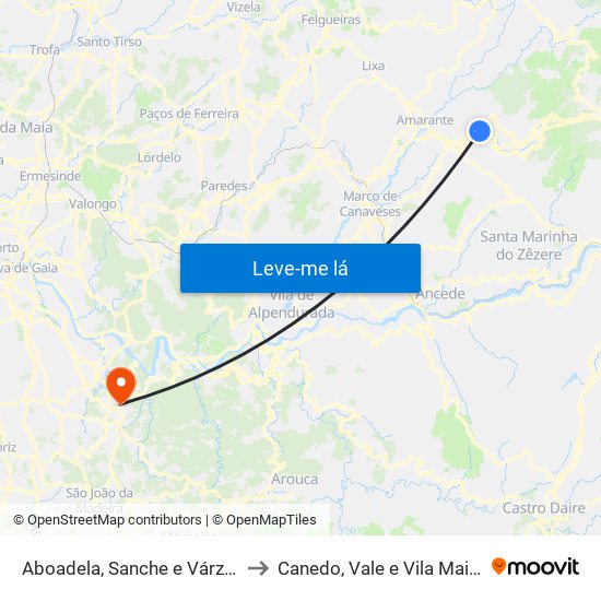 Aboadela, Sanche e Várzea to Canedo, Vale e Vila Maior map