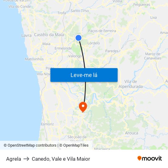Agrela to Canedo, Vale e Vila Maior map