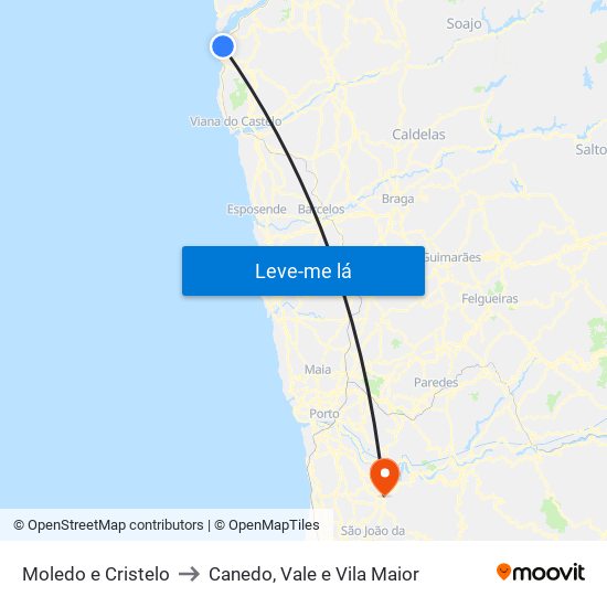 Moledo e Cristelo to Canedo, Vale e Vila Maior map