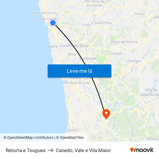 Retorta e Tougues to Canedo, Vale e Vila Maior map