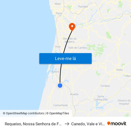 Requeixo, Nossa Senhora de Fátima e Nariz to Canedo, Vale e Vila Maior map