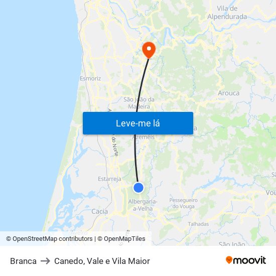 Branca to Canedo, Vale e Vila Maior map