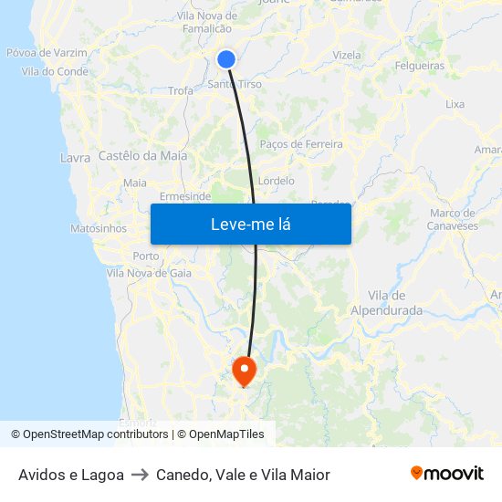 Avidos e Lagoa to Canedo, Vale e Vila Maior map