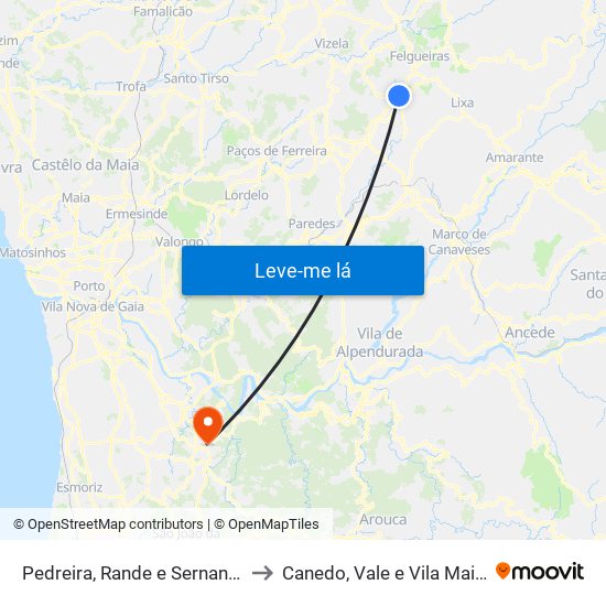 Pedreira, Rande e Sernande to Canedo, Vale e Vila Maior map