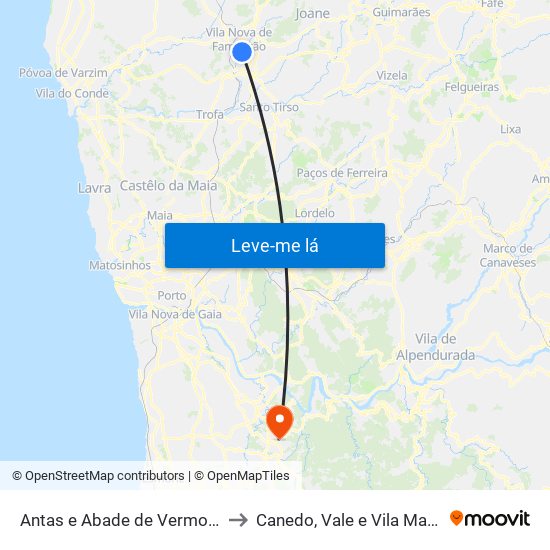 Antas e Abade de Vermoim to Canedo, Vale e Vila Maior map