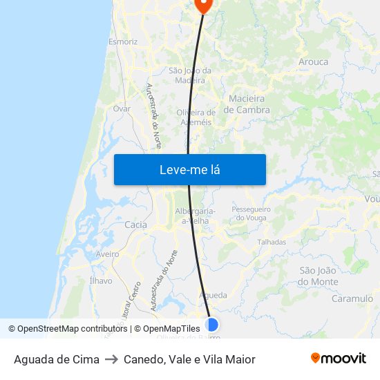 Aguada de Cima to Canedo, Vale e Vila Maior map
