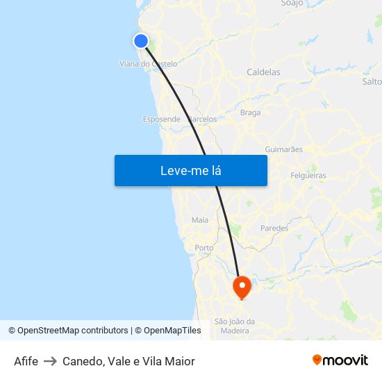 Afife to Canedo, Vale e Vila Maior map