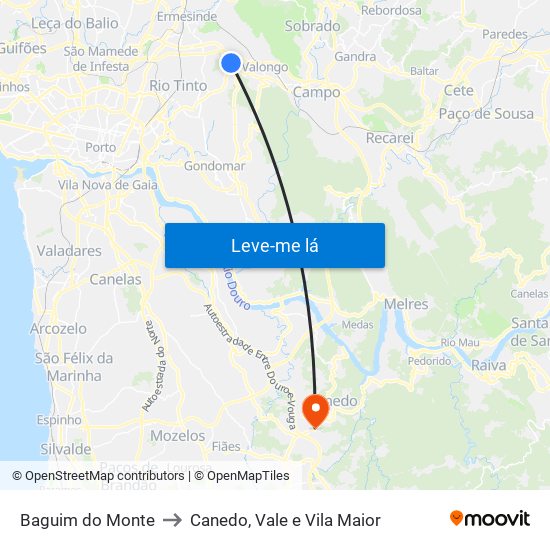 Baguim do Monte to Canedo, Vale e Vila Maior map