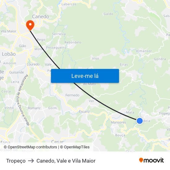 Tropeço to Canedo, Vale e Vila Maior map