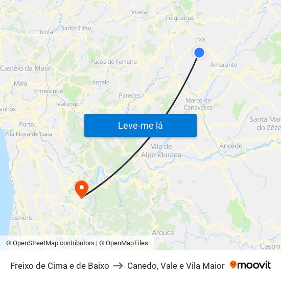 Freixo de Cima e de Baixo to Canedo, Vale e Vila Maior map