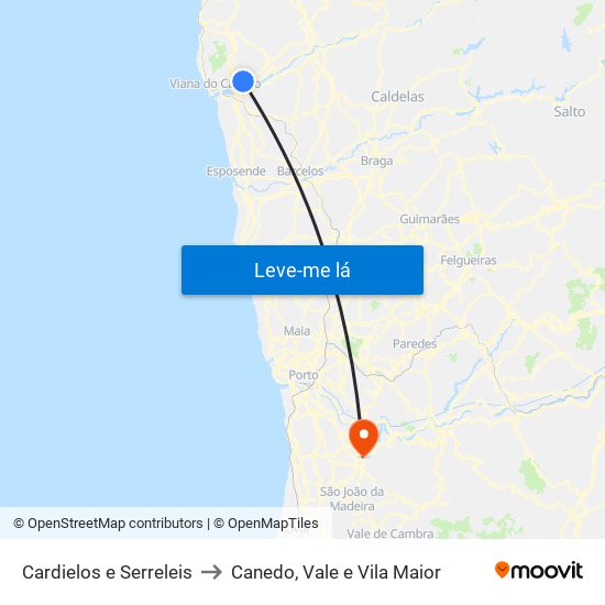 Cardielos e Serreleis to Canedo, Vale e Vila Maior map