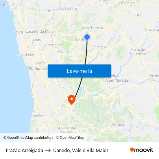 Frazão Arreigada to Canedo, Vale e Vila Maior map