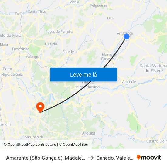 Amarante (São Gonçalo), Madalena, Cepelos e Gatão to Canedo, Vale e Vila Maior map