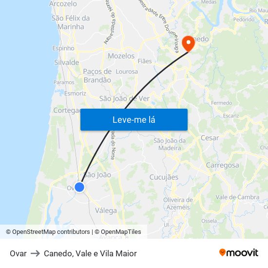 Ovar to Canedo, Vale e Vila Maior map