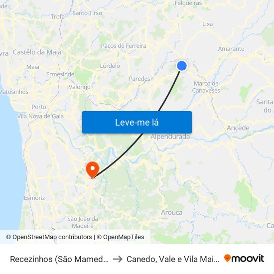 Recezinhos (São Mamede) to Canedo, Vale e Vila Maior map