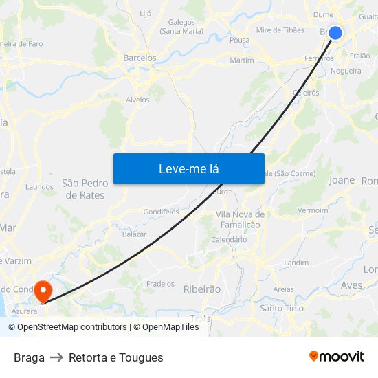 Braga to Retorta e Tougues map