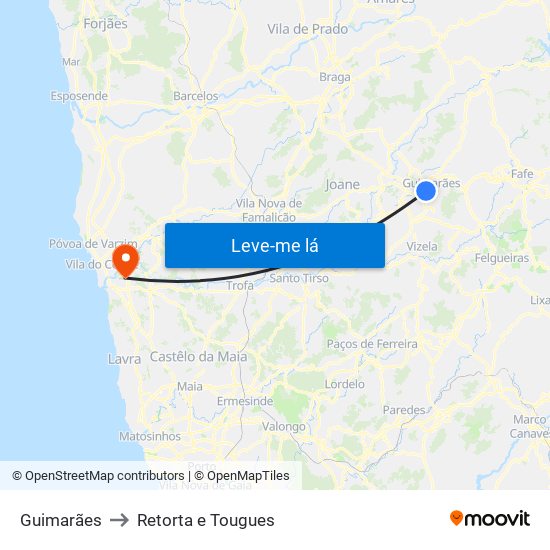 Guimarães to Retorta e Tougues map