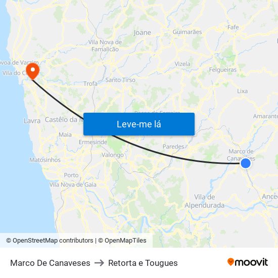 Marco De Canaveses to Retorta e Tougues map