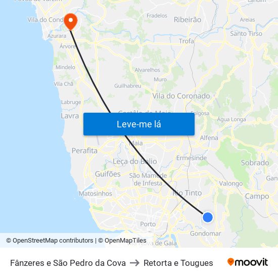 Fânzeres e São Pedro da Cova to Retorta e Tougues map