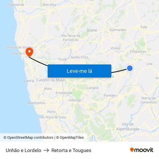 Unhão e Lordelo to Retorta e Tougues map